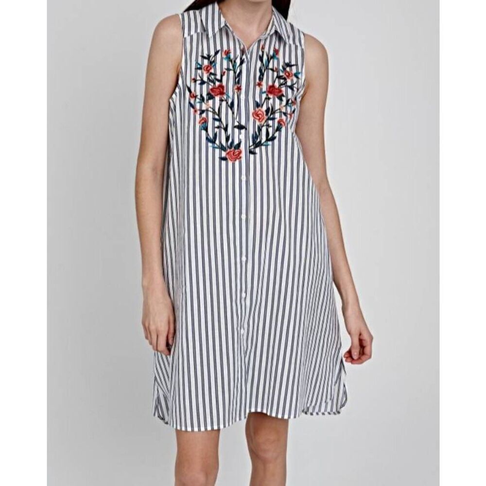 TERRE BLEUE WHITE & BLUE STRIPE FLORAL SHIRT DRESS SZ.S EUC.
